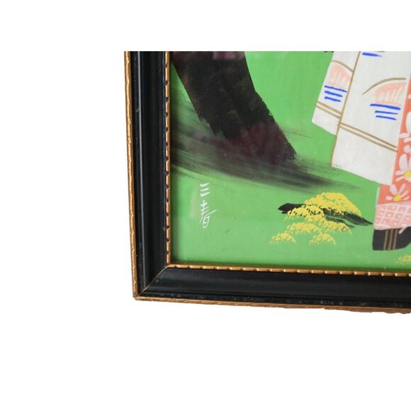 Vintage Japanese Mount Fuji Painting On Silk Geisha Pagoda Cherry Framed - Picture 7 of 8